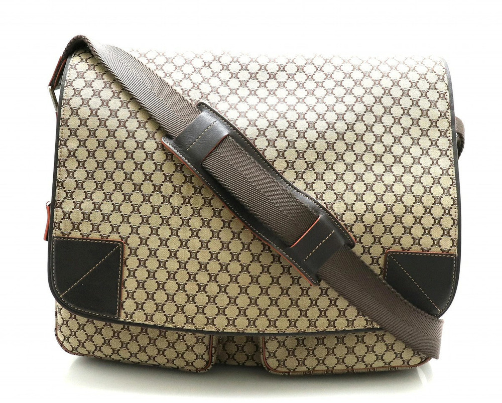 Celine Macadam Messenger Crossbody Canvas Leather Dark Brown Beige Cream